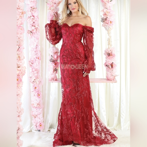 Dresses & Skirts - Rose gold or burgundy long sleeve floor length fitted glitter design dress